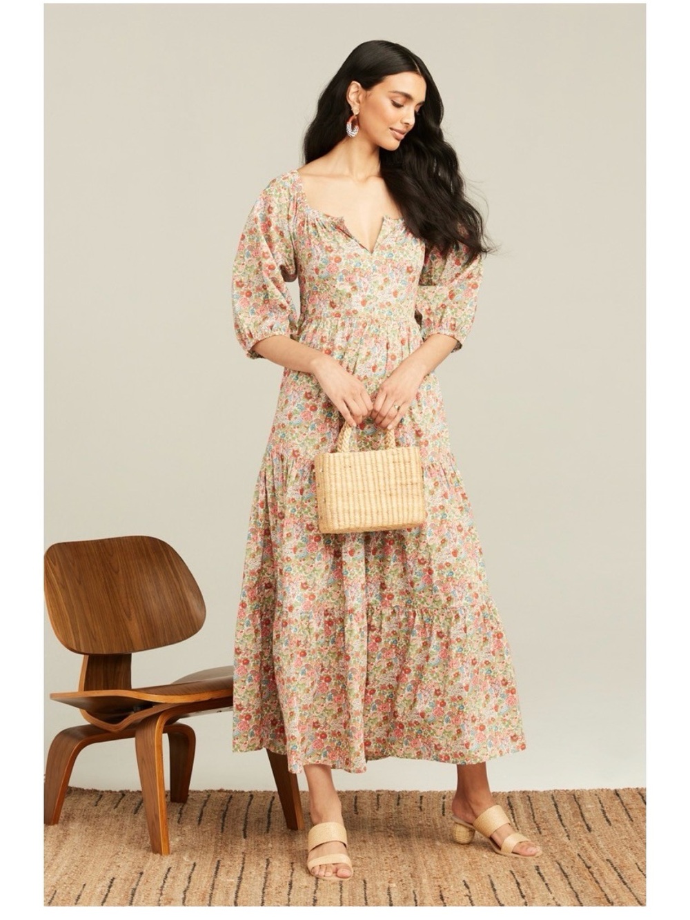 Roller Rabbit x Liberty Floral Tiered Maxi Dress in Ivory and Rose